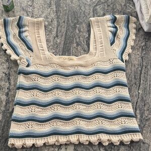 Jessica Simpson Cream and Blue Knit Ruffle Top